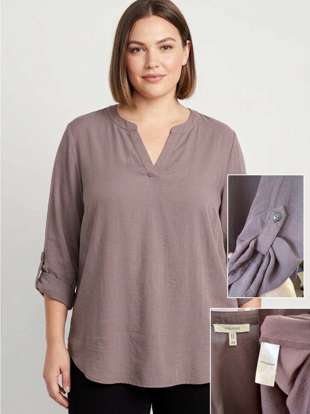 Maurices Mauve Roll Tab Sleeve V-Neck Blouse Top 2X